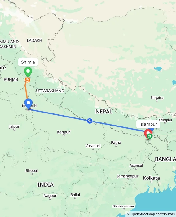 Route map showing distance and travel time from Shimla, India to Islampur, India