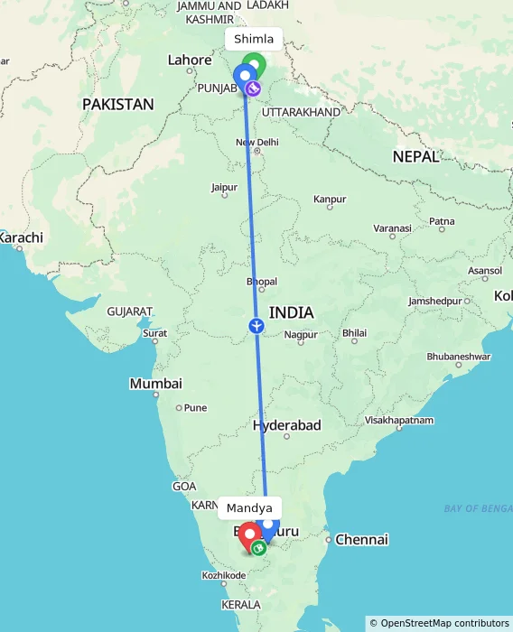 Route map showing distance and travel time from Shimla, India to Mandya, India