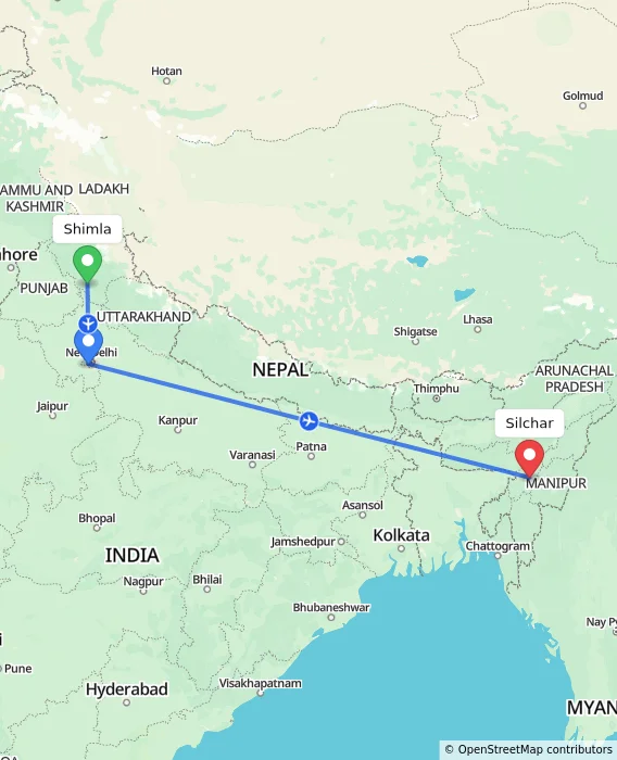 Route map showing distance and travel time from Shimla, India to Silchar, India