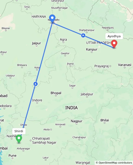 Route map showing distance and travel time from Shirdi, India to Ayodhya, India