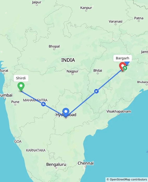 Route map showing distance and travel time from Shirdi, India to Bargarh, India