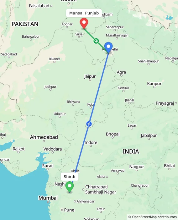 Route map showing distance and travel time from Shirdi, India to Mansa, Punjab, India