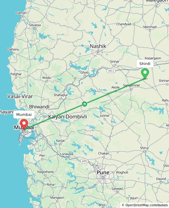 Route map showing distance and travel time from Shirdi, India to Mumbai, India