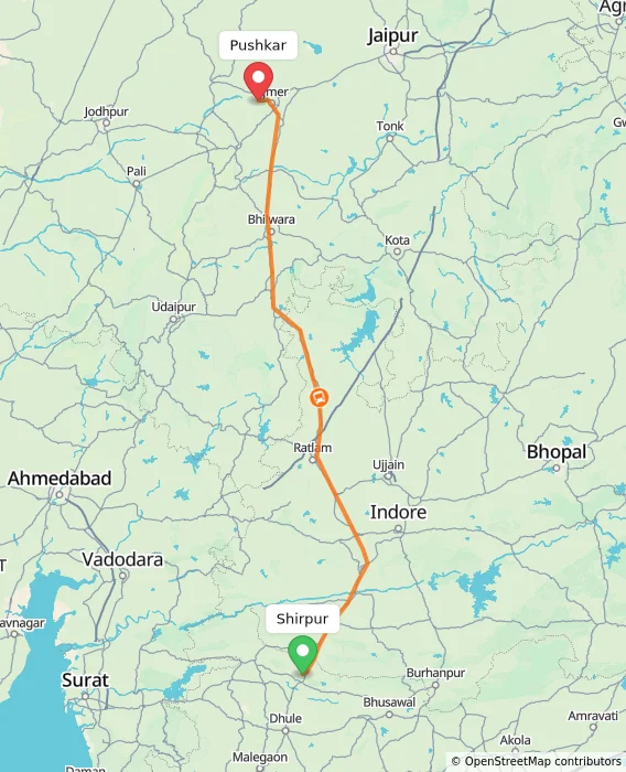 Route map showing distance and travel time from Shirpur, India to Pushkar, India