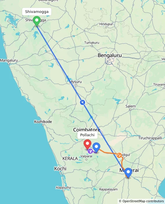 Route map showing distance and travel time from Shivamogga, India to Pollachi, India