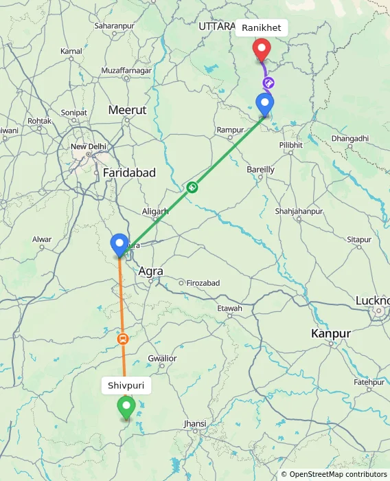 Route map showing distance and travel time from Shivpuri, India to Ranikhet, India