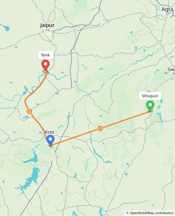 Route map showing distance and travel time from Shivpuri, India to Tonk, India