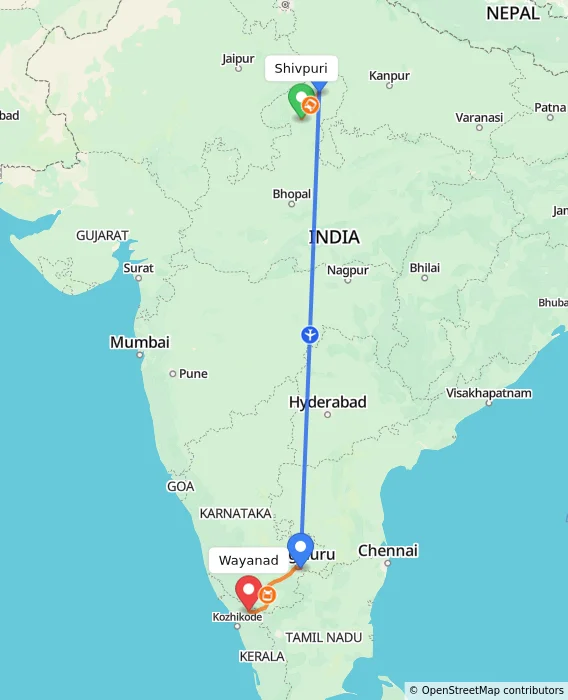 Route map showing distance and travel time from Shivpuri, India to Wayanad, India