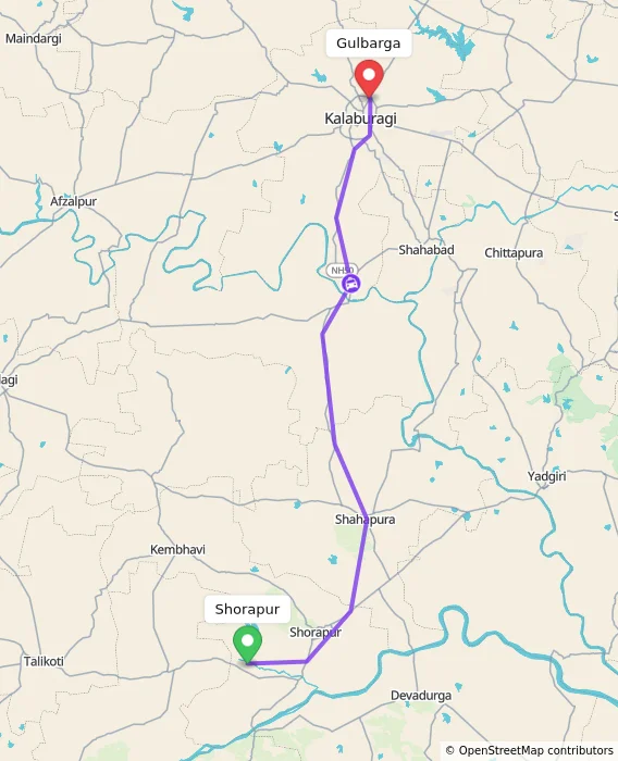 Route map showing distance and travel time from Shorapur, India to Gulbarga, India