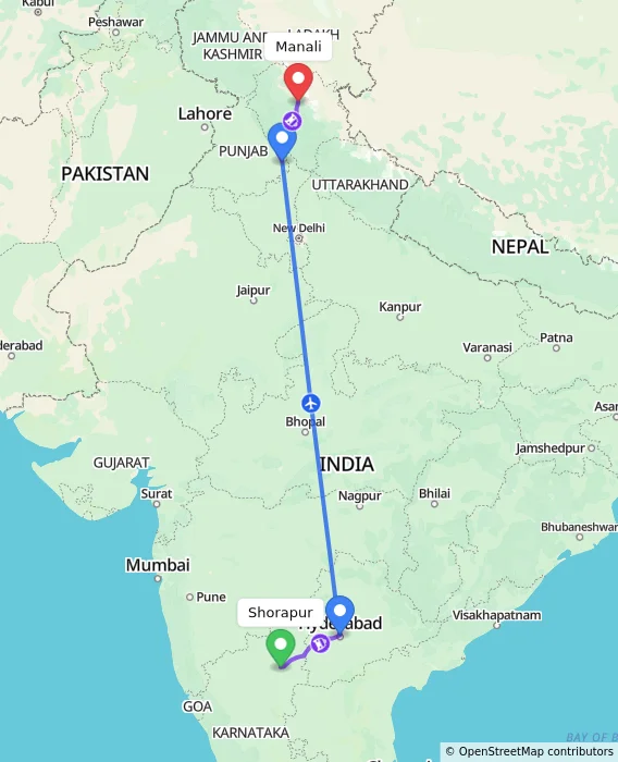 Route map showing distance and travel time from Shorapur, India to Manali, India