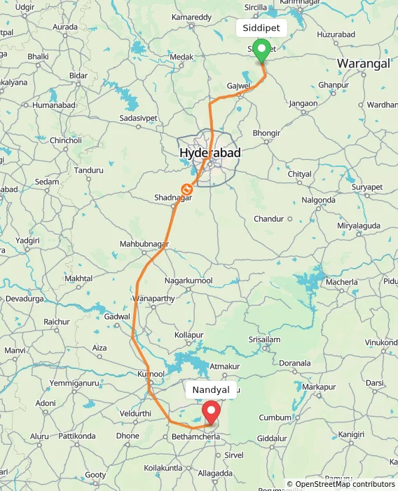 Route map showing distance and travel time from Siddipet, India to Nandyal, India