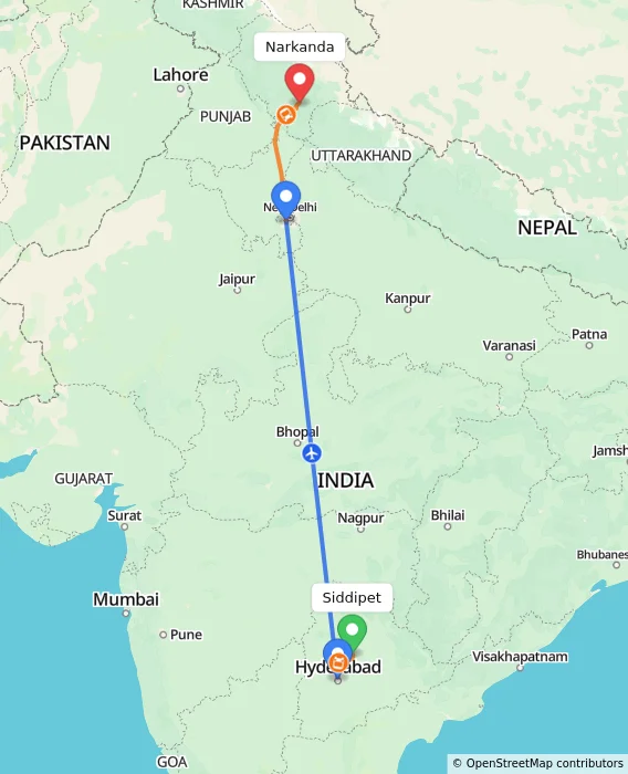 Route map showing distance and travel time from Siddipet, India to Narkanda, India