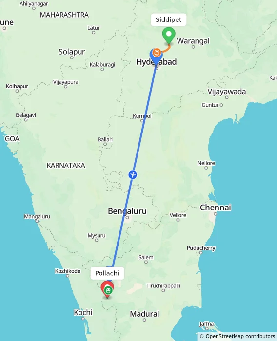 Route map showing distance and travel time from Siddipet, India to Pollachi, India
