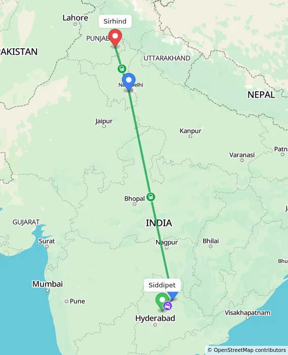 Route map showing distance and travel time from Siddipet, India to Sirhind, India