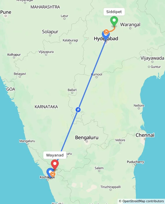 Route map showing distance and travel time from Siddipet, India to Wayanad, India