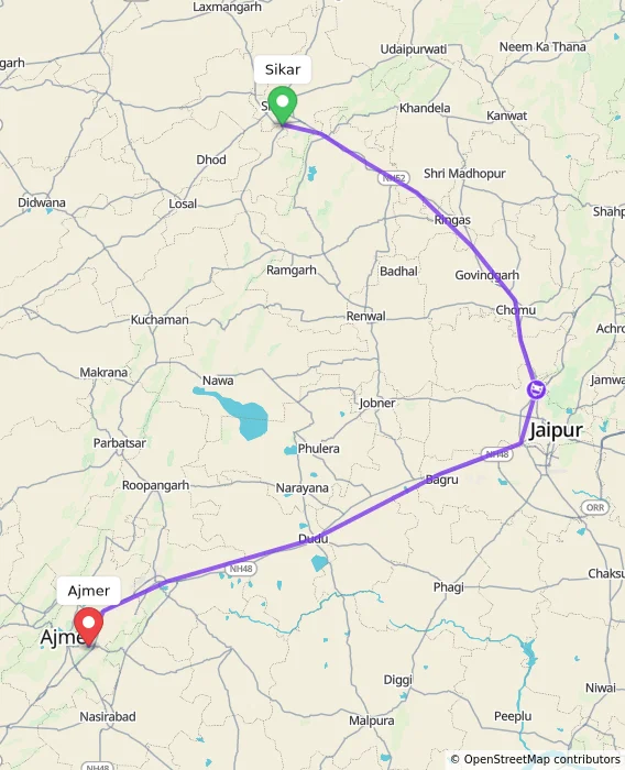 Route map showing distance and travel time from Sikar, India to Ajmer, India