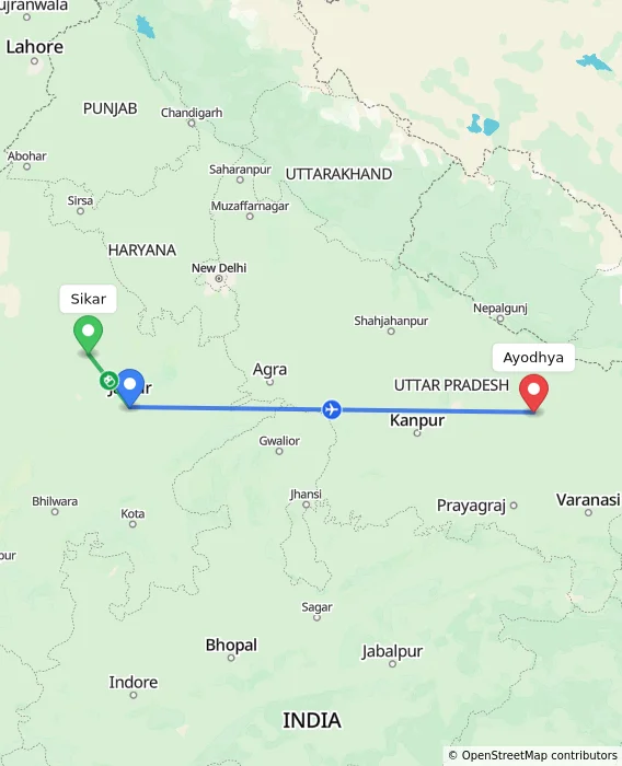 Route map showing distance and travel time from Sikar, India to Ayodhya, India
