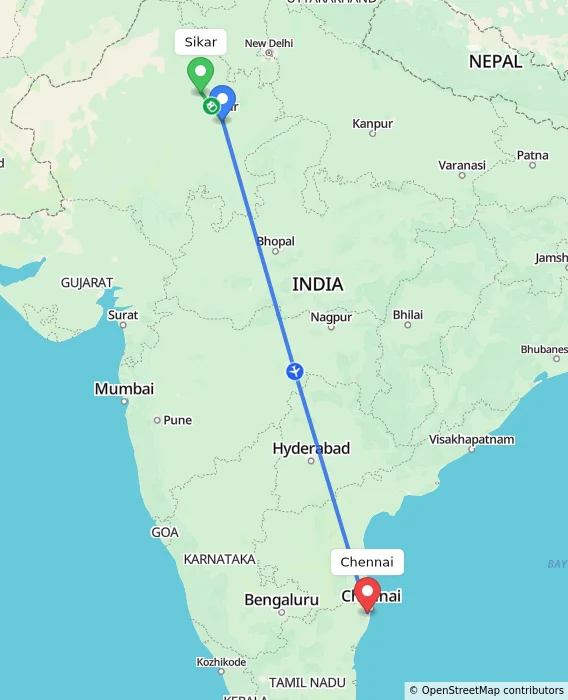 Route map showing distance and travel time from Sikar, India to Chennai, India