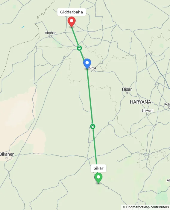 Route map showing distance and travel time from Sikar, India to Giddarbaha, India