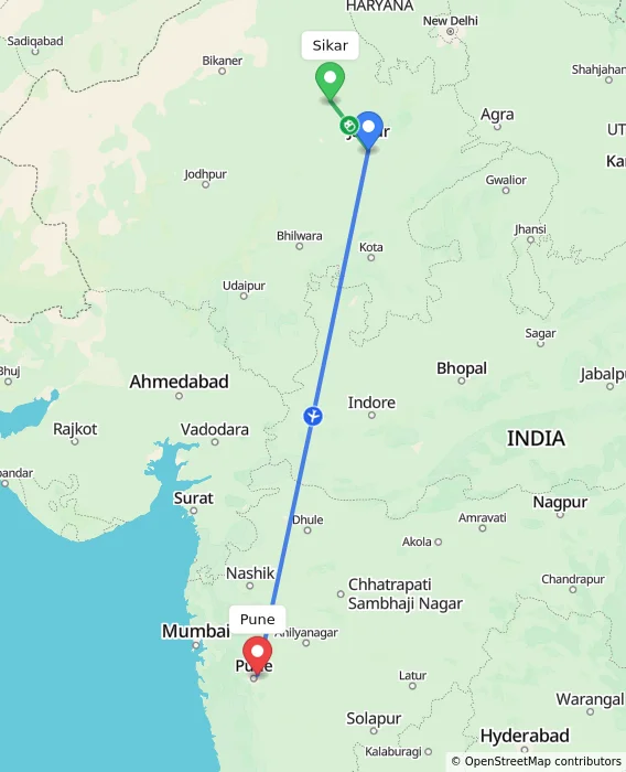Route map showing distance and travel time from Sikar, India to Pune, India