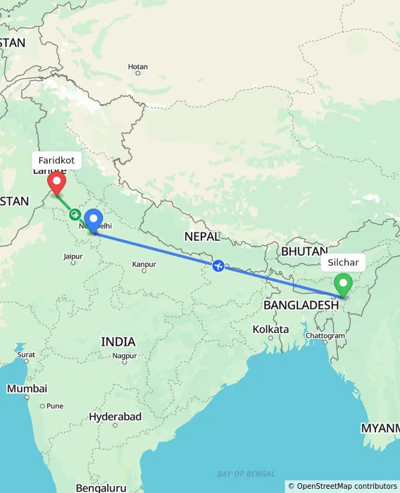 Route map showing distance and travel time from Silchar, India to Faridkot, India