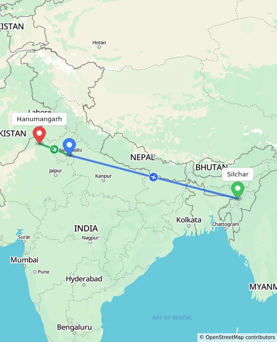 Route map showing distance and travel time from Silchar, India to Hanumangarh, India
