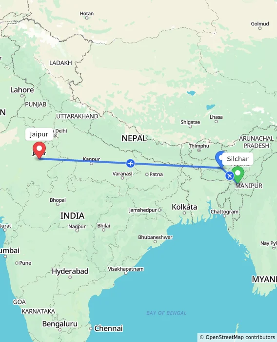 Route map showing distance and travel time from Silchar, India to Jaipur, India