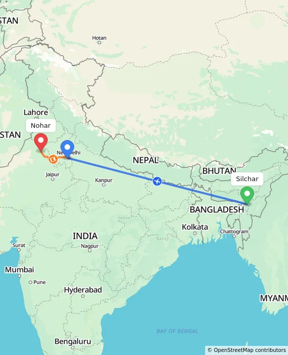 Route map showing distance and travel time from Silchar, India to Nohar, India