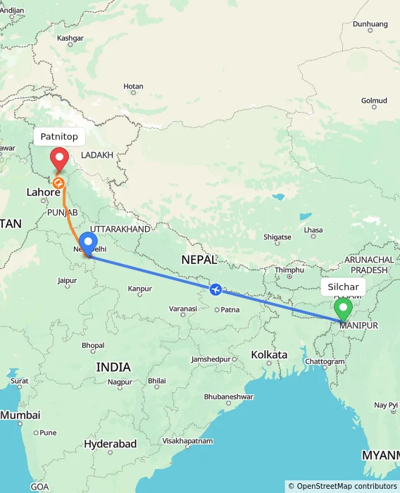Route map showing distance and travel time from Silchar, India to Patnitop, India
