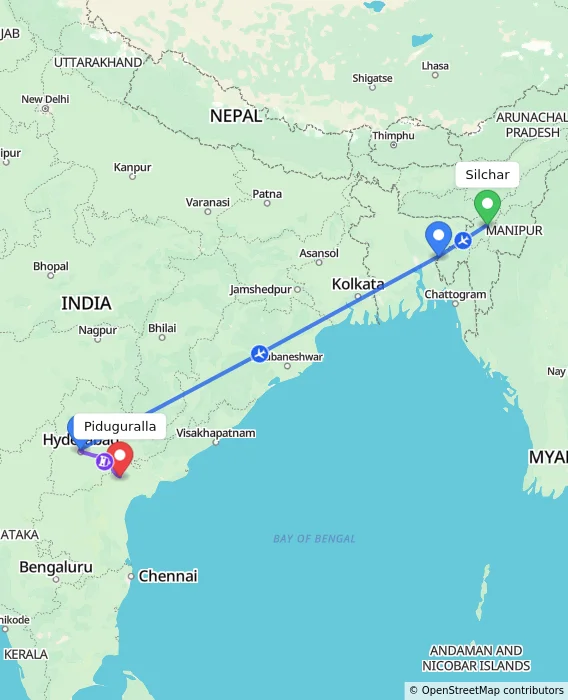 Route map showing distance and travel time from Silchar, India to Piduguralla, India