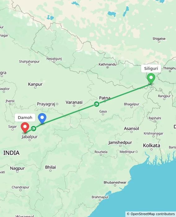 Route map showing distance and travel time from Siliguri, India to Damoh, India