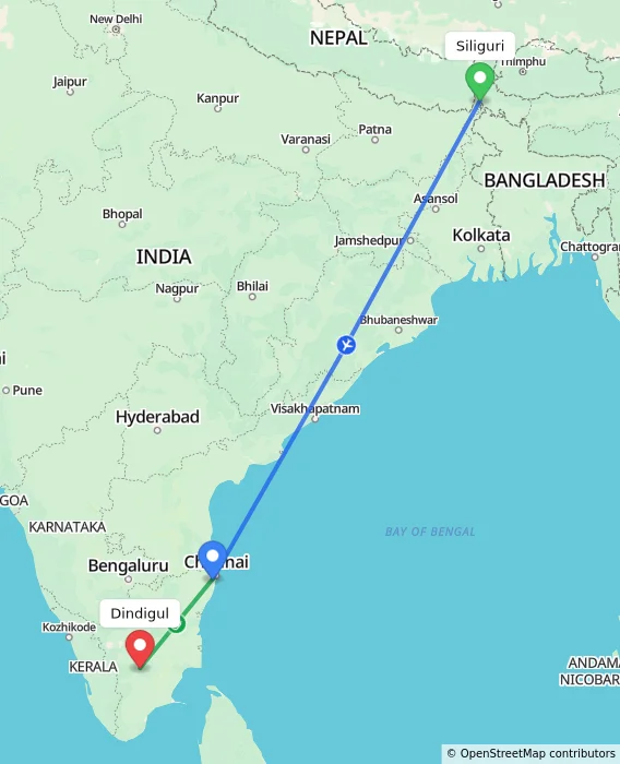 Route map showing distance and travel time from Siliguri, India to Dindigul, India