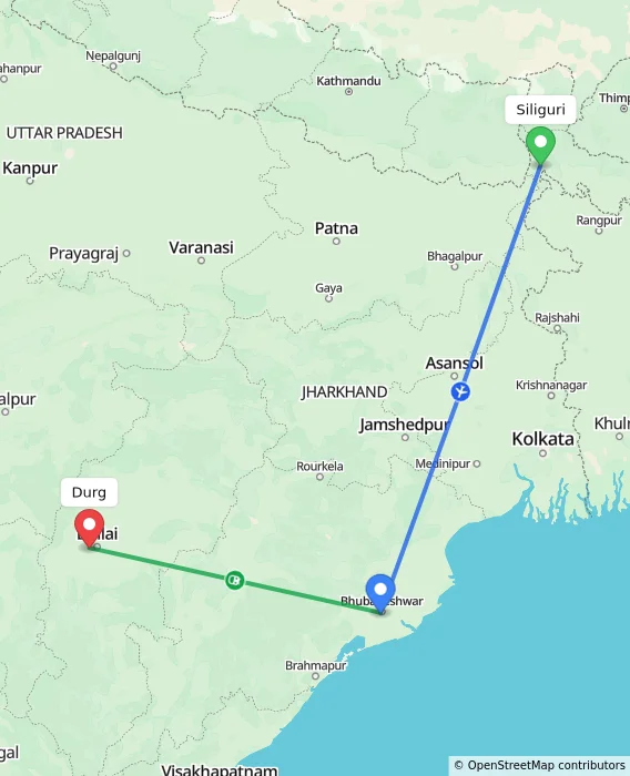 Route map showing distance and travel time from Siliguri, India to Durg, India