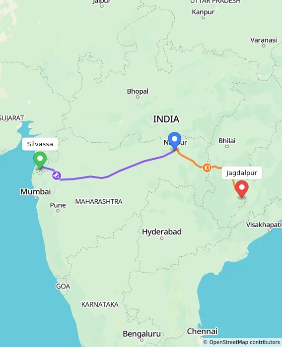 Route map showing distance and travel time from Silvassa, India to Jagdalpur, India