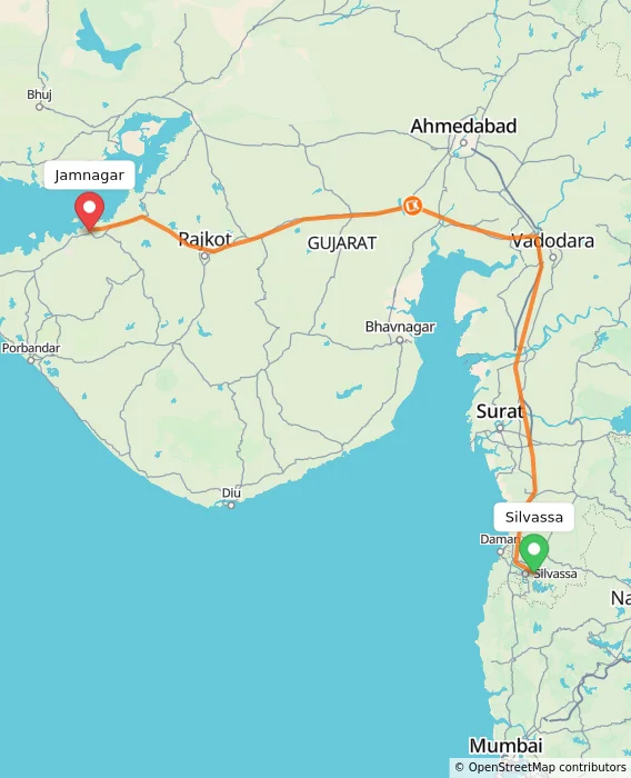 Route map showing distance and travel time from Silvassa, India to Jamnagar, India