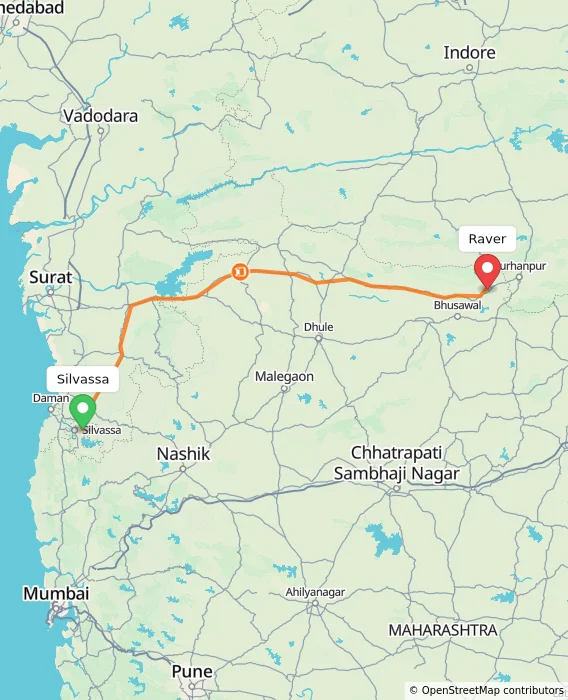 Route map showing distance and travel time from Silvassa, India to Raver, India