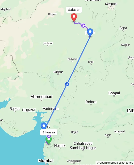 Route map showing distance and travel time from Silvassa, India to Salasar, India