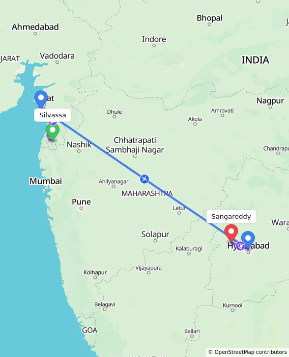 Route map showing distance and travel time from Silvassa, India to Sangareddy, India