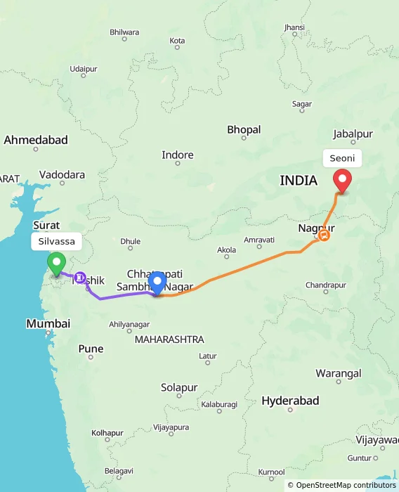 Route map showing distance and travel time from Silvassa, India to Seoni, India