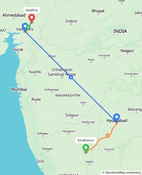 Route map showing distance and travel time from Sindhanur, India to Godhra, India