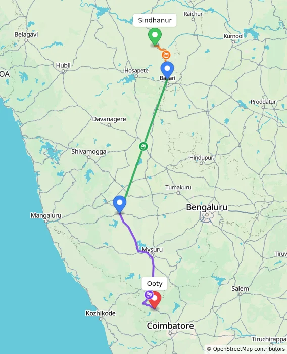 Route map showing distance and travel time from Sindhanur, India to Ooty, India