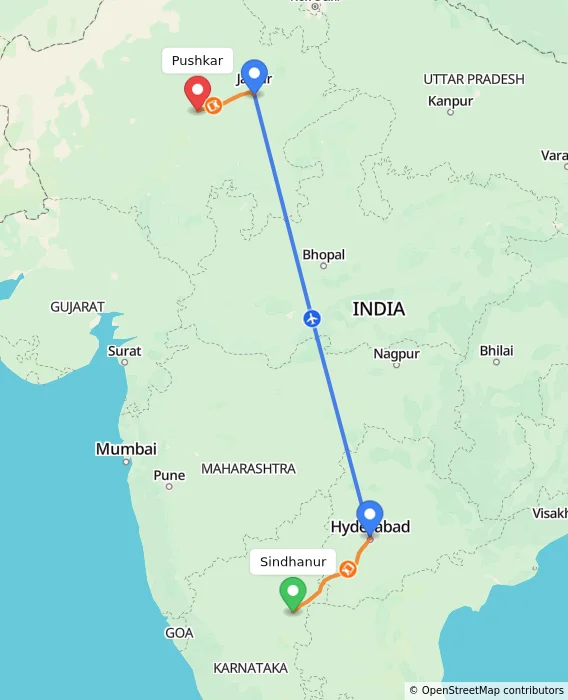 Route map showing distance and travel time from Sindhanur, India to Pushkar, India