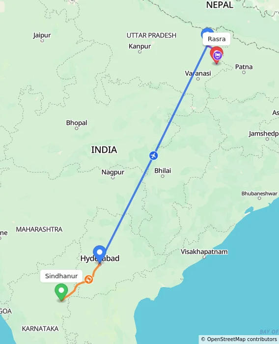 Route map showing distance and travel time from Sindhanur, India to Rasra, India