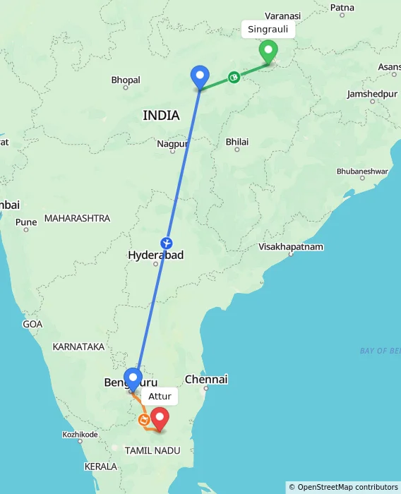 Route map showing distance and travel time from Singrauli, India to Attur, India