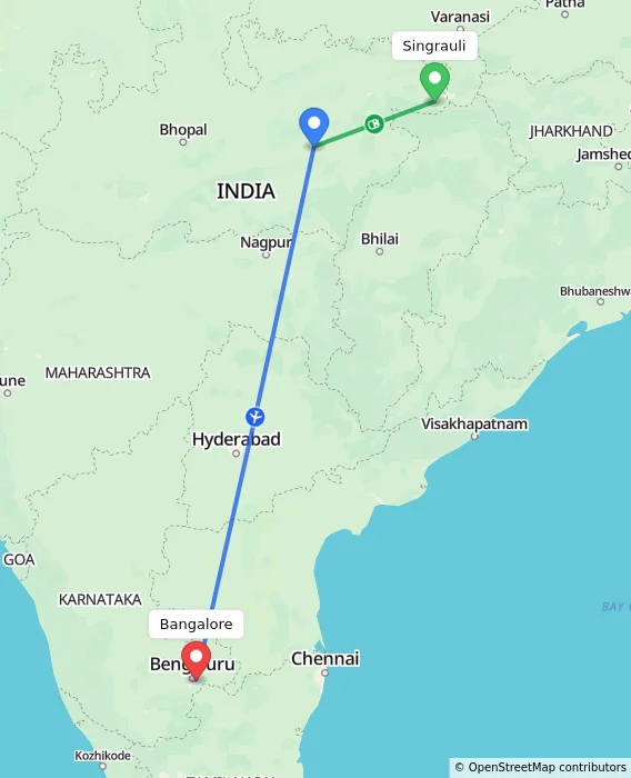 Route map showing distance and travel time from Singrauli, India to Bangalore, India