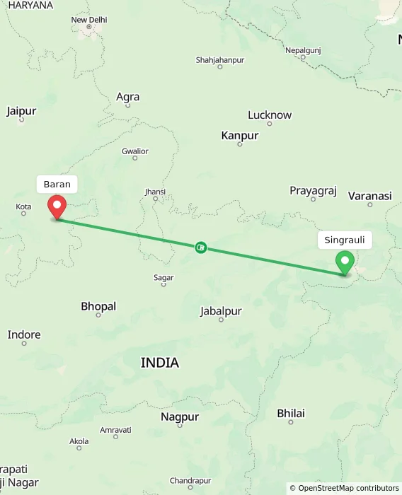 Route map showing distance and travel time from Singrauli, India to Baran, India