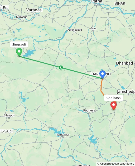 Route map showing distance and travel time from Singrauli, India to Chaibasa, India