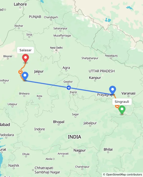 Route map showing distance and travel time from Singrauli, India to Salasar, India