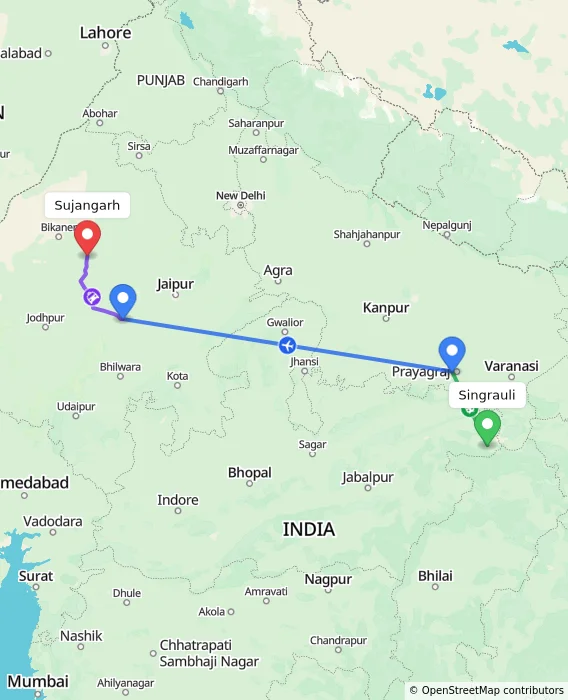 Route map showing distance and travel time from Singrauli, India to Sujangarh, India