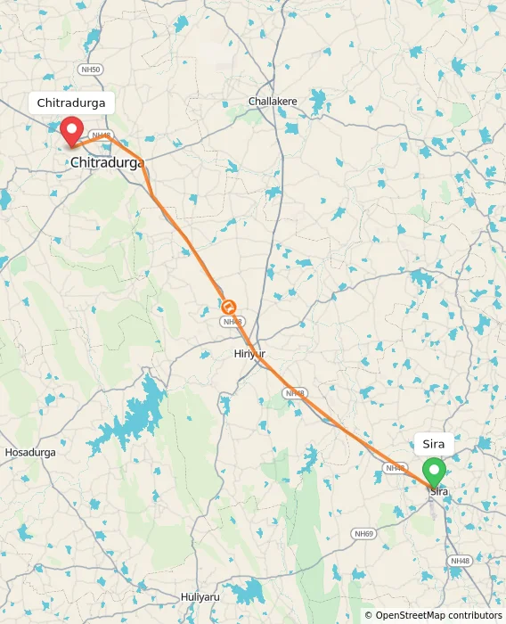 Route map showing distance and travel time from Sira, India to Chitradurga, India